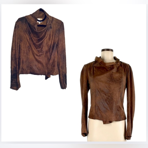 Silence + Noise Urban Outfitters Vegan Faux Leather Jacket Brown Small Zip Wrap - Picture 1 of 7